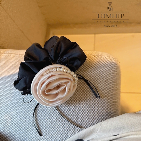 Dây Buộc Tóc HimHip Bèo Nhúm Đính Hoa Hồng Vải Đính Dây Hạt Giả Trai 7.5*6cm