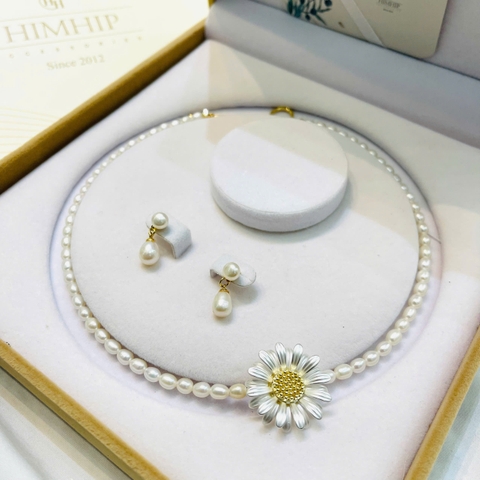 Set Trang Sức HimHip Vòng Cổ Trai Thật 4ly 40.5cm, Khuyên Trai Thật 1*2cm Kèm Hộp