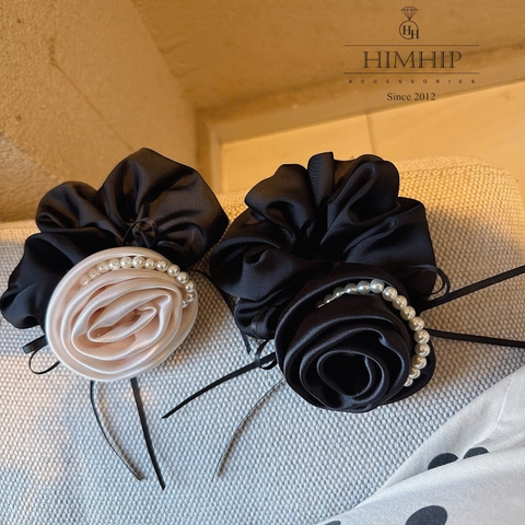 Dây Buộc Tóc HimHip Bèo Nhúm Đính Hoa Hồng Vải Đính Dây Hạt Giả Trai 7.5*6cm