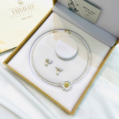 Set Trang Sức HimHip Vòng Cổ Trai Thật 4ly 40.5cm, Khuyên Trai Thật 1*2cm Kèm Hộp
