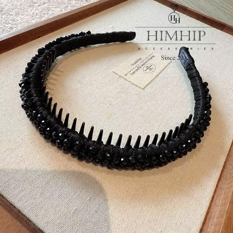 Bờm HimHip Composite Xoắn Vải Phối Đá Đen Lấp Lánh 1.4cm