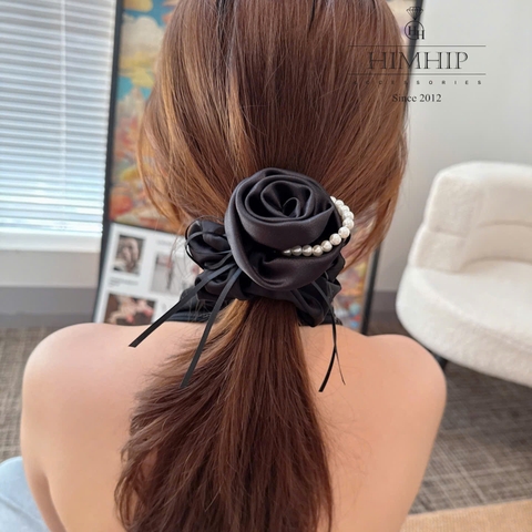 Dây Buộc Tóc HimHip Bèo Nhúm Đính Hoa Hồng Vải Đính Dây Hạt Giả Trai 7.5*6cm