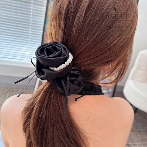 Dây Buộc Tóc HimHip Bèo Nhúm Đính Hoa Hồng Vải Đính Dây Hạt Giả Trai 7.5*6cm