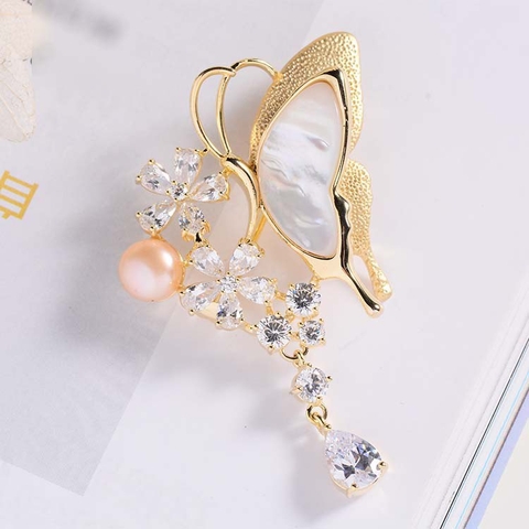 Trâm, Ghim Cài Áo HimHip Hoa & Bướm Khảm Trai Sang Trọng HKCC Đính Phale 3*4,5cm