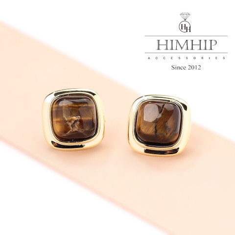 Khuyên Tai Nụ HimHip Mặt Đá Nâu Viền Vàng Sang Trọng HKCC Đính Đá 1.5x1.5cm