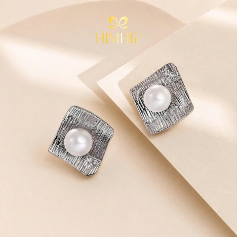 Khuyên Tai Nụ HimHip HKCC Gờ Sóng Trắng 1.5cm Gắn Hạt Trai Thật 6ly