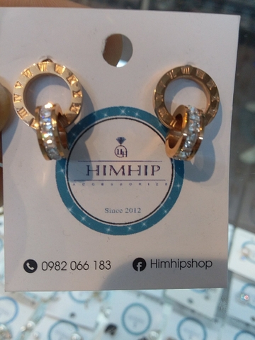 Khuyên Tai Ngắn HimHip Đồng Hồ Kim Tròn Sang Trọng HKCC Đính Phale 1.2x1.8cm