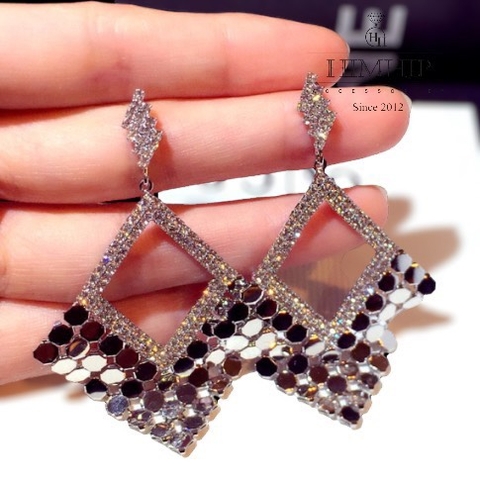 Khuyên Tai Bản To HimHip Mặt Thoi Thanh Lịch HKCC Đính Phale 4.5x6.5cm