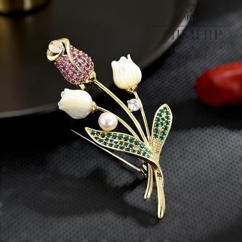 Trâm, Ghim Cài Áo HimHip Cành Hoa Tulip Thanh Lịch HKCC Đính Phale 2,5*5,8cm