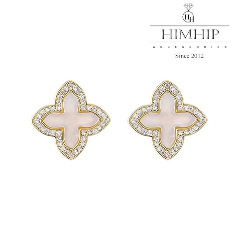 Khuyên Tai Nụ HimHip Cỏ 4 Lá May Mắn HKCC Đính Phale, Khảm Trai 1.5x1.5cm