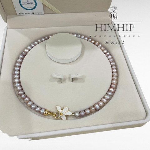 [Thiết kế] Vòng Cổ Ngọc Trai Tím Mix Hoa Bốn Cánh Cao Cấp (Không Kèm Túi Hộp)