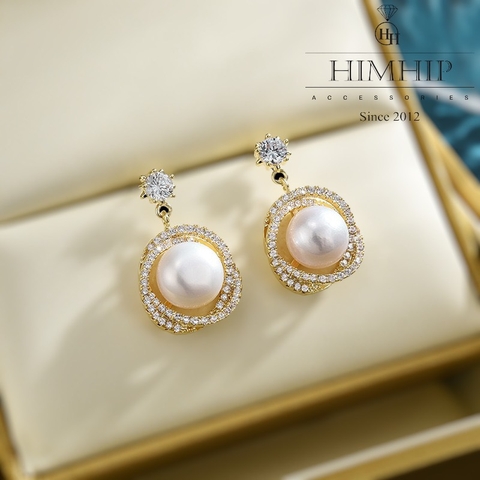 Khuyên Tai Ngắn HimHip Vòng Xoắn Thanh Lịch HKCC Đính Phale, Tinh Thể Ngọc Trai 1.3x2.3cm