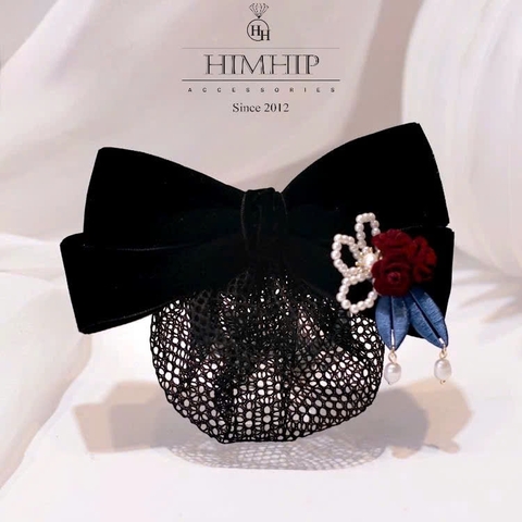 Kẹp Bối, Búi Lưới HimHip Đính Hạt Giả Trai Nơ Đen Mix Hoa Hồng Nhỏ Sang Trọng 14cm