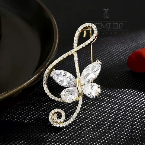 Trâm, Ghim Cài Áo HimHip Nốt Nhạc Cánh Bướm Quý Phái HKCC Đính Phale 2,5*4,5cm