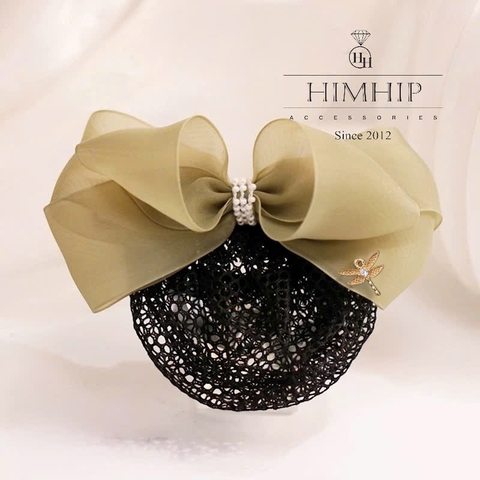 Kẹp Bối, Búi Lưới HimHip Nơ Vải Xanh Mơ Gắn Chuồn Nhỏ Thanh Lịch 13x6.5cm