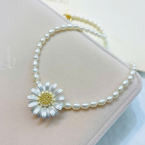 Set Trang Sức HimHip Vòng Cổ Trai Thật 4ly 40.5cm Mặt Cúc Hoa Mi Sang Trọng Kèm Hộp