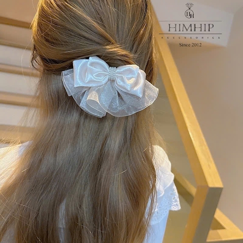 Kẹp Bấm HimHip HKCC Nơ Vải 3 Lớp Phối Vòng Giả Trai 13*8.5cm