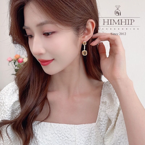 Khuyên Tai Ngắn HimHip Mặt Vuông Sang Trọng HKCC Đính Phale 3.5x1.2cm