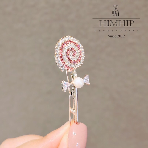 Kẹp Mái HimHip Đính Đá Phale Hình Cây Kẹo Lolipop Đáng Yêu 2x6.5cm