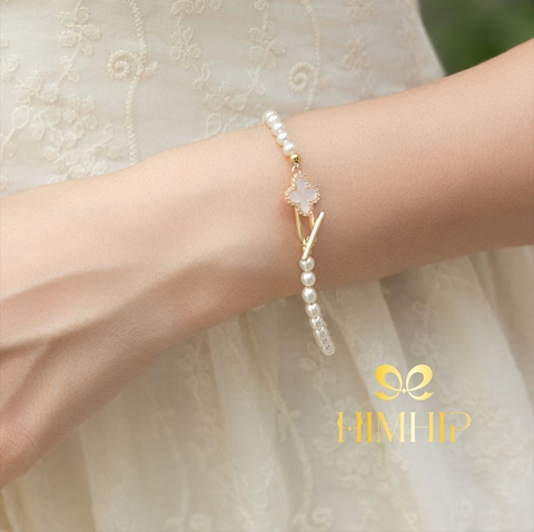 Vòng Cổ HimHip Tinh Thể Ngọc Trai 4 ly Mặt Khóa HKCC Mix Khảm Hình Hoa 4 Cánh May Mắn