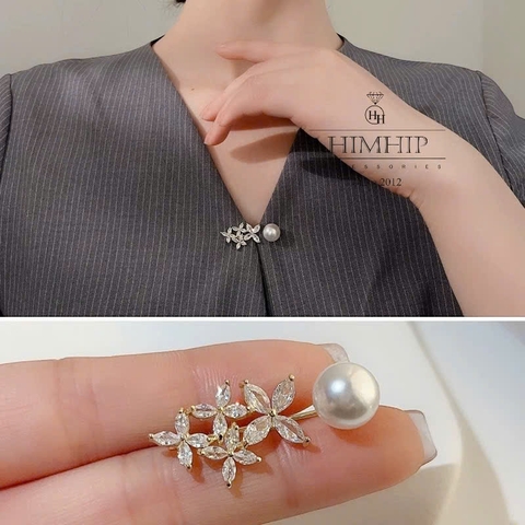 Trâm, Ghim Cài Xiên HimHip HKCC Chùm Hoa Nhỏ 4 Cánh Phối Hạt Giả Trai 3.8*1.5cm