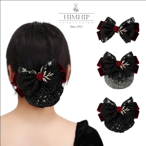 Kẹp Bối, Búi Lưới HimHip Phối Vải Nhung Nơ Đen Charm Hoa Hồng Tiểu Thư Sang Trọng 13x8cm