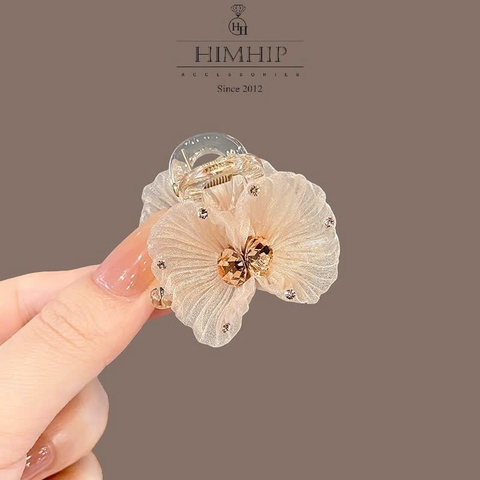 Kẹp Càng Cua HimHip Composite Đính Phale Hồng Cam Hoa Voan Sang Trọng 8 Răng 4.5x2.8cm