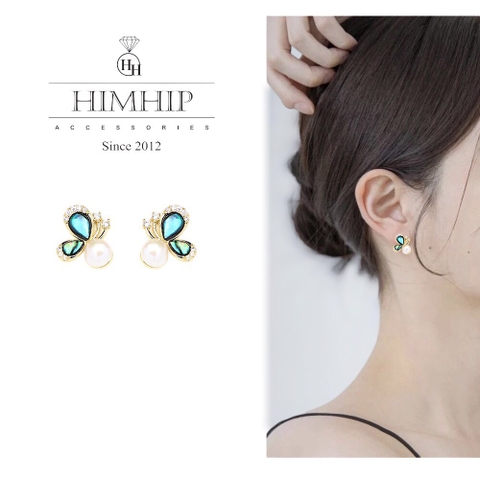 Khuyên Tai Nụ HimHip Bướm Vân Xanh Sang Trọng HKCC Mix Ngọc Trai Thật 1.2x1.2cm Phụ Kiện Áo Dài