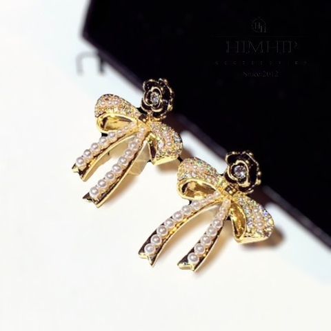 Khuyên Tai Ngắn HimHip Nụ Hoa Hồng Thả Nơ Thanh Lịch HKCC Đính Phale, Ngọc Trai 2x3cm