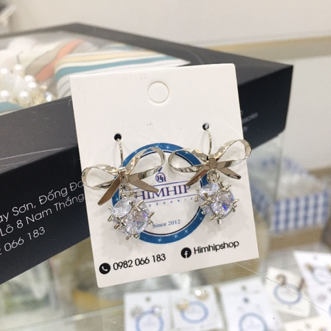 Khuyên Tai Ngắn HimHip Quả Cầu Thắt Nơ Thanh Lịch HKCC Đính Phale 2.8cm