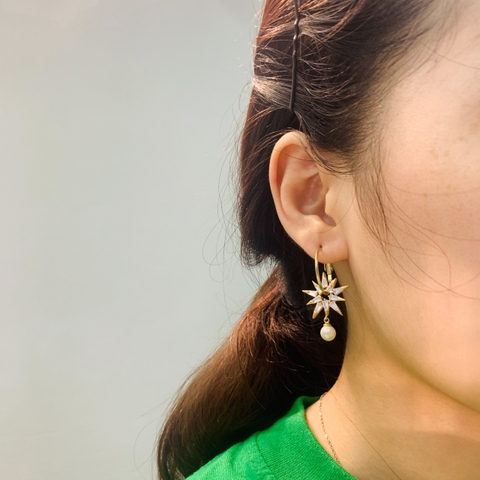Khuyên Tai Ngắn HimHip Ngôi Sao Đôi Thanh Lịch HKCC Đính Phale, Ngọc Trai 2*3.5cm