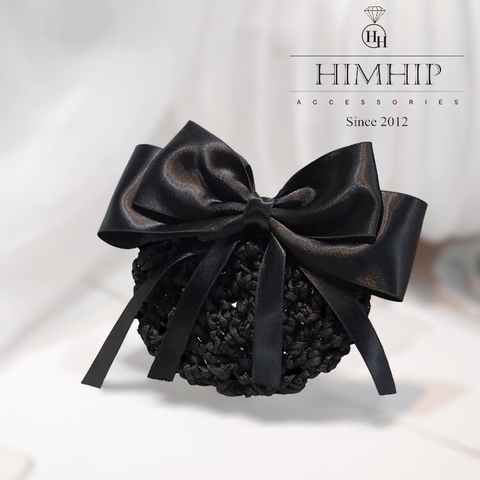 Kẹp Bối, Búi Lưới HimHip Phối Vải Trơn Nơ Đen Tua Rua Thanh Lịch 13cm