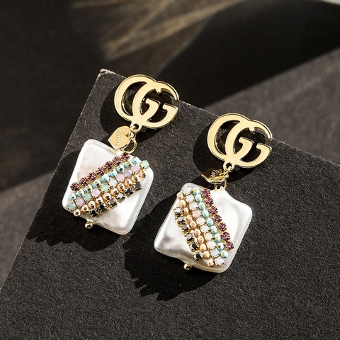 Khuyên Tai Gucci Phối Mặt Vuông Giả Trai Đính Đá Sang Trọng 1.5*3.5cm