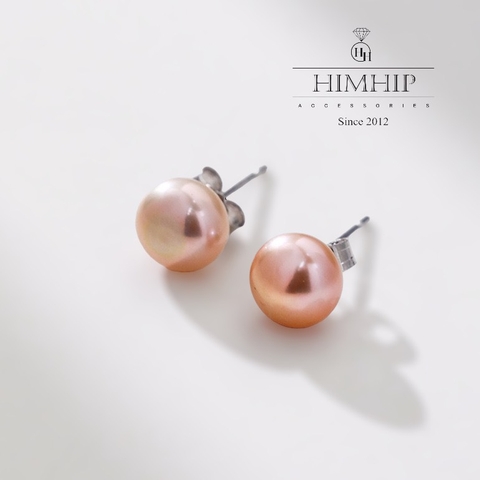 Khuyên Tai Nụ HimHip Ngọc Trai Hồng Thanh Lịch HKCC Mix Ngọc Trai Thật 8 Ly Phụ Kiện Áo Dài
