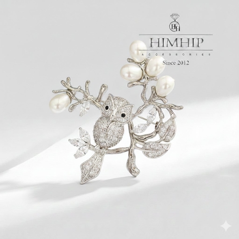 Trâm, Ghim Cài Áo HimHip HKCC Cú Mèo Đậu Lộc Non 5.4*4.8cm