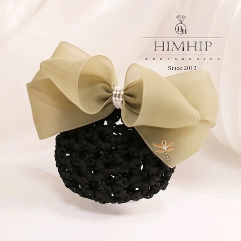 Kẹp Bối, Búi Lưới HimHip Nơ Vải Xanh Mơ Gắn Chuồn Nhỏ Thanh Lịch 13x6.5cm