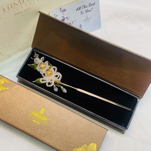 Trâm Cài Tóc HimHip HKCC Hoa Trà Phale Nụ Trai Thật Cao Cấp 19.4x6.5cm Kèm Hộp Phụ Kiện Áo Dài