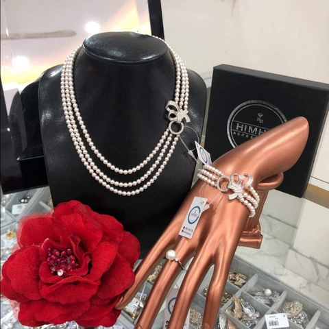 [Thiết kế] Vòng cổ 3 dây tinh thể ngọc trai 4mm khóa nơ cao cấp