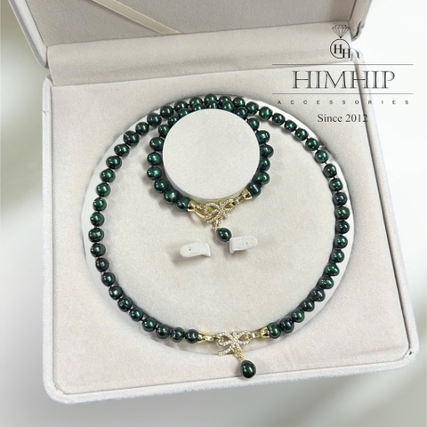 [Thiết Kế] Set Trang Sức HimHip Ngọc Trai Thật 8Li Vòng Cổ, Vòng Tay Màu Lông Công Khóa Nơ Sang Trọng