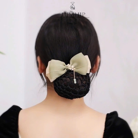 Kẹp Bối, Búi Lưới HimHip Phối Vải Voan Nơ Xanh Charm Trúc Tiểu Thư Thanh Lịch 13x8cm