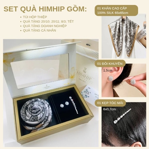 Set Quà HimHip Khăn Lụa Cao Cấp 65x65cm & Kẹp Mái, Khuyên Tai Kèm Túi Hộp Thiệp - 1374