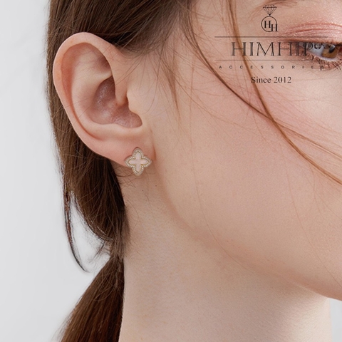 Khuyên Tai Nụ HimHip Cỏ 4 Lá May Mắn HKCC Đính Phale, Khảm Trai 1.5x1.5cm