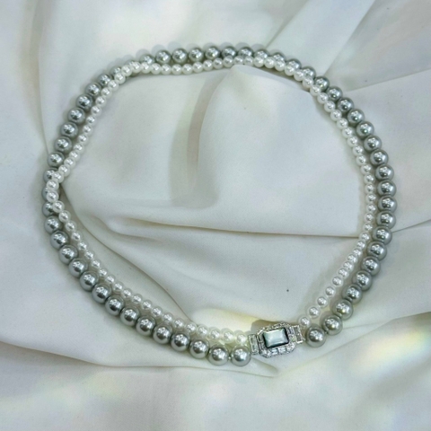 Vòng Cổ tinh thể Ngọc Trai Dây Đôi Mix Màu Trắng Xám 5mm-41cm, 8mm-43,5cm chưa khóa