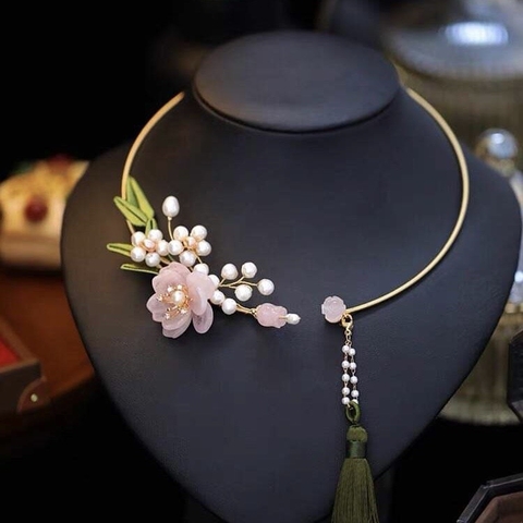 Kiềng Cổ HimHip Hạt Giả Trai Mix Đá Thạch Anh Xuân Hoa Ngọc Nữ Sang Trọng 15cm Phụ Kiện Áo Dài - Xanh Lục