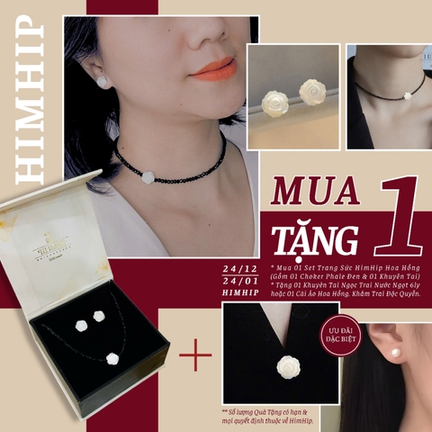 [Thiết kế] Set HimHip Choker Phale Đen 3ly & Khuyên Nụ Hoa Hồng Khảm Trai