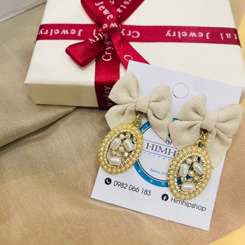 Khuyên Tai Ngắn HimHip Mặt Oval Đá Thắt Nơ Sang Trọng HKCC Mix Ngọc Trai 2x3cm