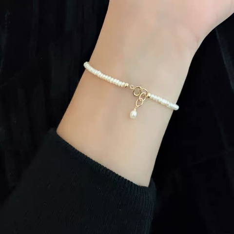 [Thiết Kế] Vòng Tay HimHip Tinh Thể Ngọc Trai Mix Khóa Mạ Vàng Dáng Thả Thanh Lịch 16cm
