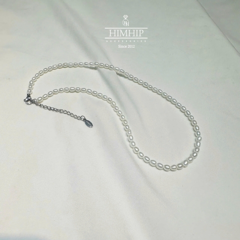 [Thiết Kế] Vòng Cổ HimHip Ngọc Trai 3-4Li Dáng Hạt Gạo Có Dây Điều Chỉnh
