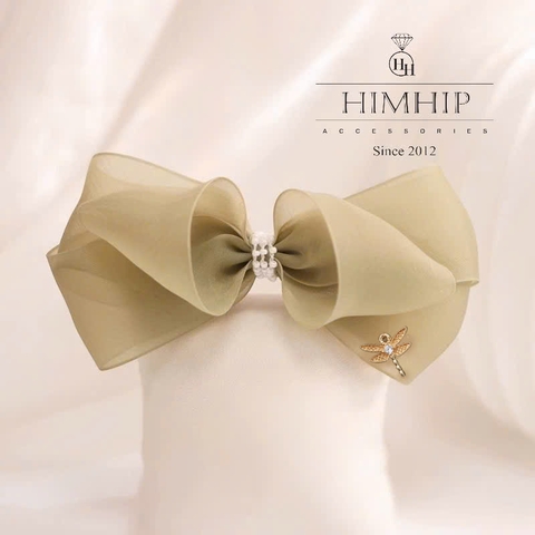 Kẹp Bối, Búi Lưới HimHip Nơ Vải Xanh Mơ Gắn Chuồn Nhỏ Thanh Lịch 13x6.5cm