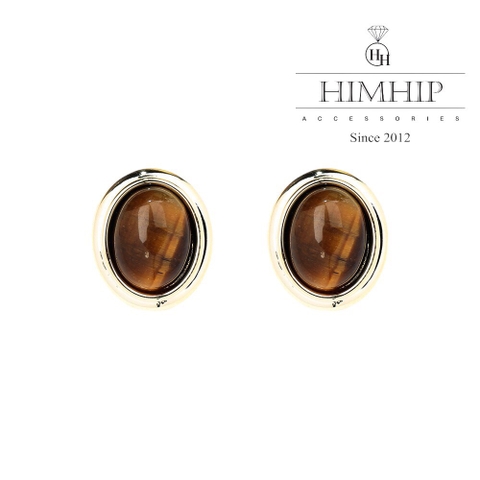 Khuyên Tai Nụ HimHip Mặt Đá Nâu Viền Vàng Sang Trọng HKCC Đính Đá 1.5x1.5cm